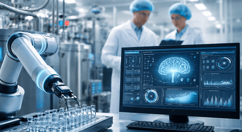 How AI Is Transforming Quality Assurance in Pharma Quality assurance team reviewing AI-driven analytics dashboards in a pharmaceutical manufacturing facility