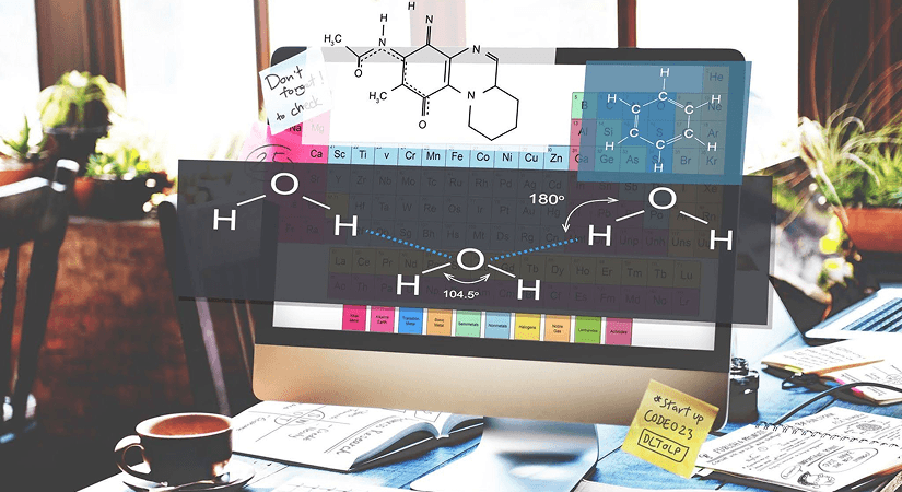 AI Chemistry Oncology Platforms A computer monitor displaying chemical structures and a periodic table over a workspace background,
