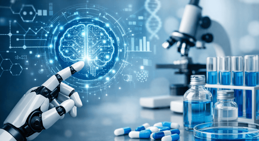 AI Strategy In Pharma | Robot Hand Pointing At Digital Brain Robot hand pointing at AI brain with pharma lab in background
