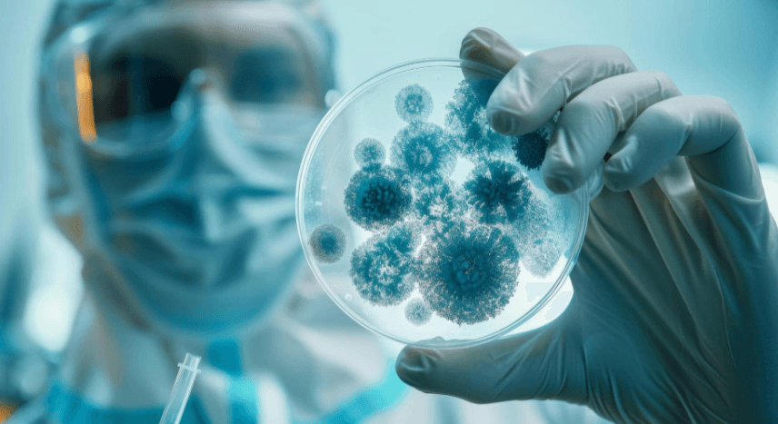 Rapid Microbiological Methods Scientist closely examining microbiological particles