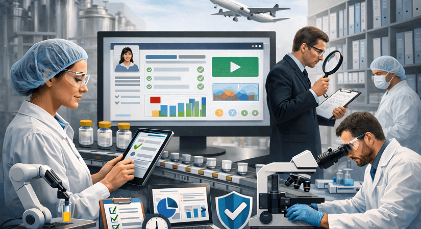 Automated Employee Training In Pharma | GxP Compliance & Audit Readiness Pharma professionals using digital training and compliance management tools in a regulated manufacturing environment