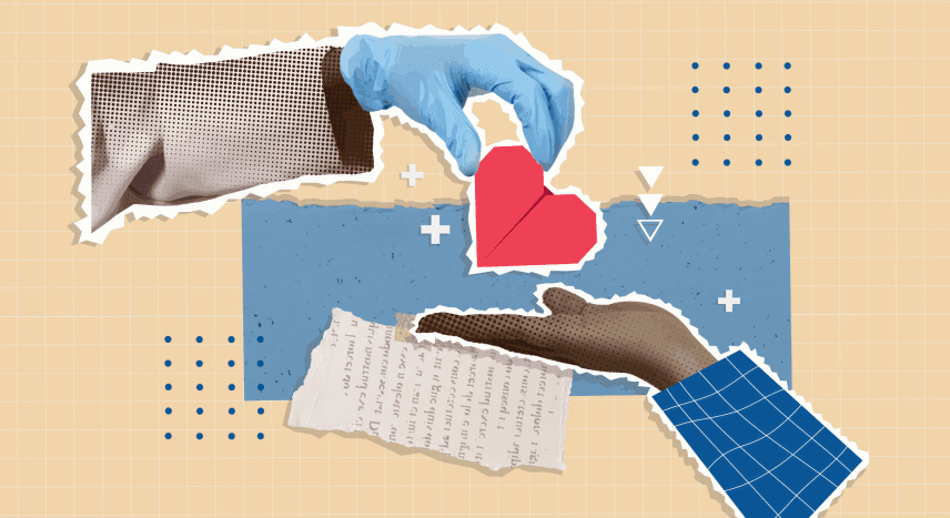 India’s AI Backbone A doctors hand giving a paper heart to another persons hand