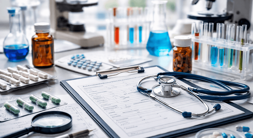 Complaint Handling Under Schedule M 2023 | Pharma Manufacturing Guide Pharma lab setting with medicines stethoscope and complaint documentation representing Schedule M 2023 complaint handling