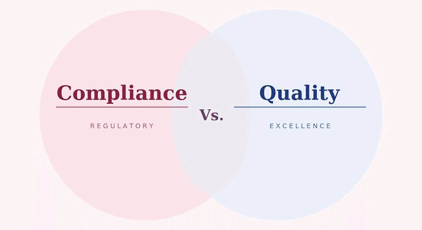 Compliance Vs Quality In Pharma | Regulatory Baseline Vs Excellence Compliance vs quality in pharma illustrated as two overlapping circles showing regulatory and excellence contrast