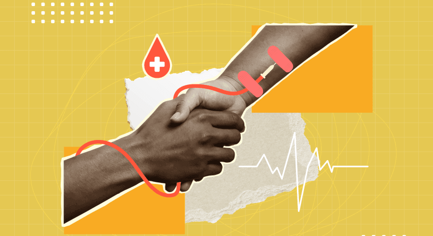Why AI in Healthcare Must Look Beyond Data Two hands shake with a red tube and blood drop, symbolizing blood donation.