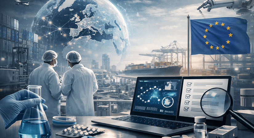 EMA GMDP Quality Work Plan 2025 2027 | Pharma Compliance & Inspection Readiness Pharma professionals reviewing EU regulatory compliance with global supply chain and digital quality systems in background