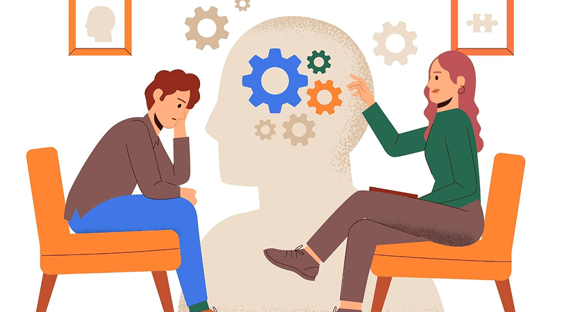 EI Quality Management Cover Flat illustration of a discussion with a silhouette head and mechanical gears showing emotional intelligence.