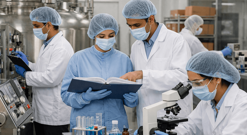 GMP Training In Pharma Manufacturing | Schedule M 2023 Guide Pharma team reviewing GMP training records on manufacturing floor