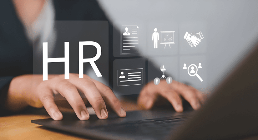 HR Software Solutions for Pharma Companies HR professional using laptop with digital HR management icons