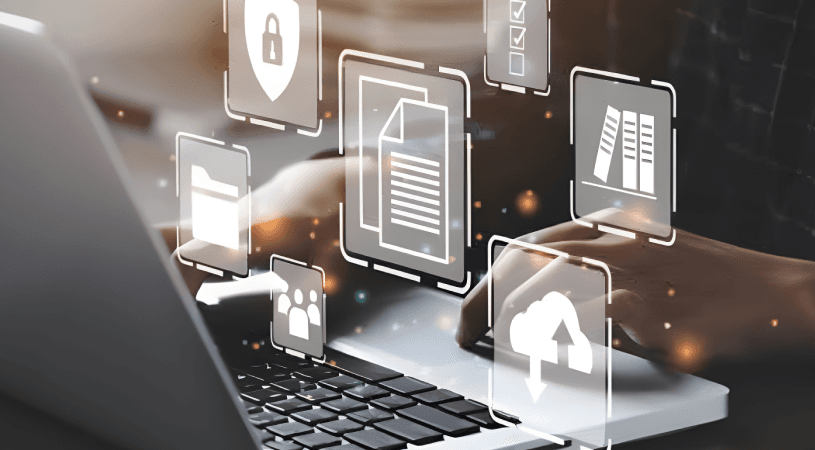 Medical Device Documentation Guide | Pharma Now Digital document management icons floating over a laptop representing medical device documentation