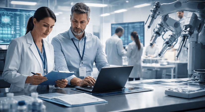 Medical Device QMS | QARA Teams Laboratory Collaboration Cover QARA team professionals reviewing medical device QMS documentation on laptop in modern laboratory with equipment and team collaboration in background