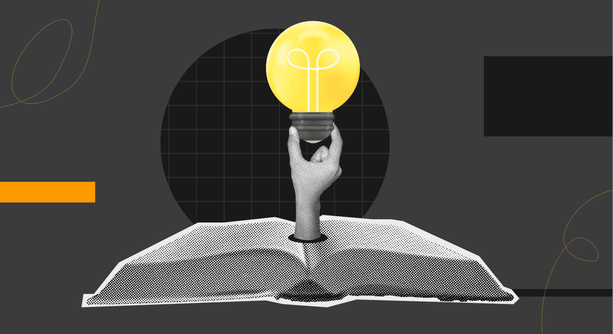 The Intersection of Medicine, Business & IPR Law Monochrome collage of a hand coming out of book holding a light bulb