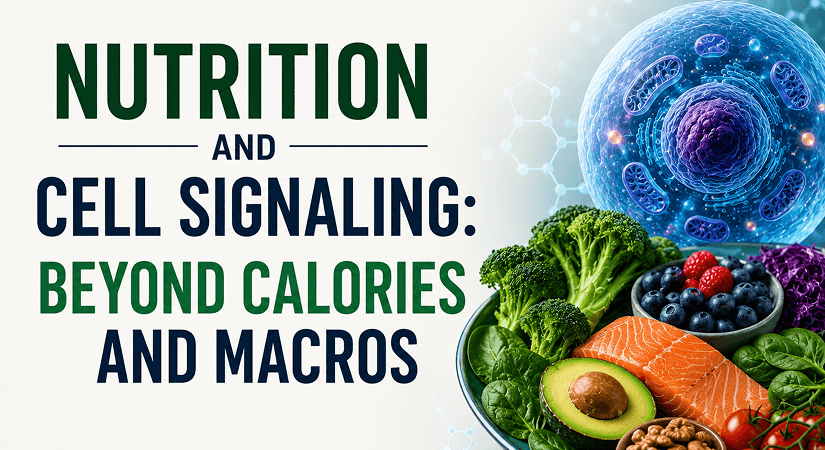 Nutrition Cell Signaling Cover A food platter with salmon, avocado, broccoli, and berries next to a digital cell illustration.