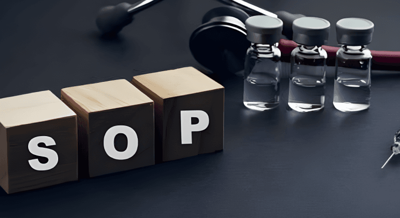 Pharma SOP Compliance Problem - Quality Leader's Guide Cover Wooden blocks spelling SOP with stethoscope, medical vials, and syringe on dark surface representing pharmaceutical standard operating procedures
