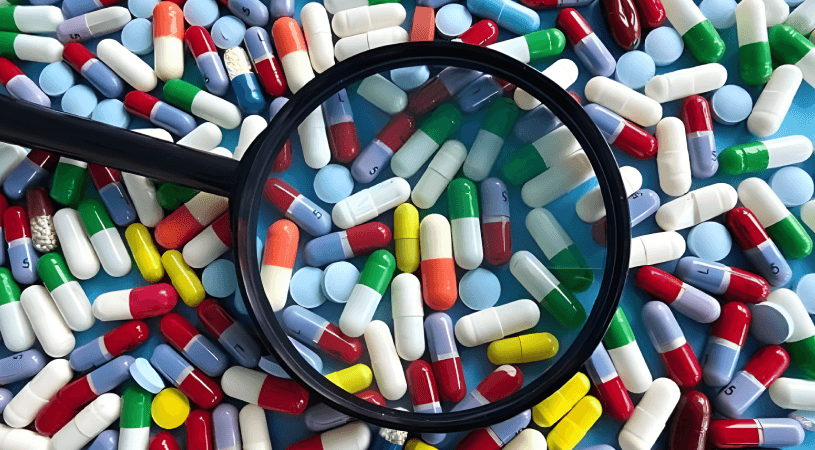 Annual Product Quality Review | APQR Pharma Guide Colorful pharmaceutical capsules and tablets spread on a surface with a magnifying glass placed over them