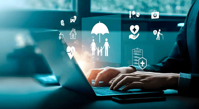 QRM PQR Pharmaceutical Quality Management Cover Pharmaceutical professional using laptop with healthcare quality management icons including umbrella protection, medical heart, and family safety symbols