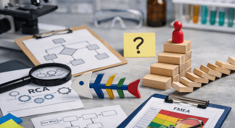 RCA Tools in Pharma Quality Investigations RCA tools including fishbone diagram Five Whys and FMEA laid out on a lab table for pharmaceutical root cause analysis
