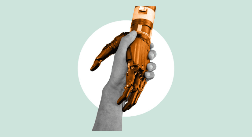 AI in Personalised Medicine abstract collage of handshake between human hand and robot hand