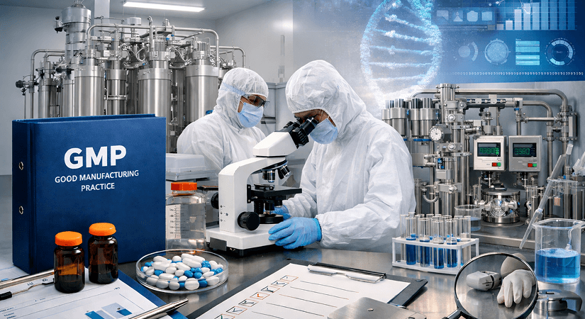 Schedule M 2023 India GMP Rules | Pharma Manufacturing Quality Standards Pharmaceutical scientists in GMP-compliant cleanroom conducting quality control testing with microscope and equipment