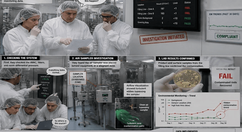 Sterile Manufacturing Environmental Monitoring Contamination Investigation Investigation showing how poor air sampler placement caused contamination in sterile manufacturing despite compliant environmental monitoring.