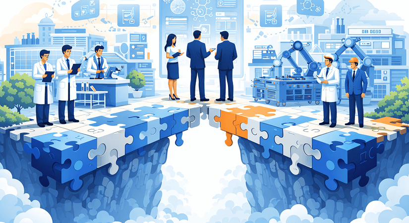 The Strategy-Execution Gap in Pharma Pharma professionals and scientists facing a strategy-execution gap illustrated by a puzzle bridge