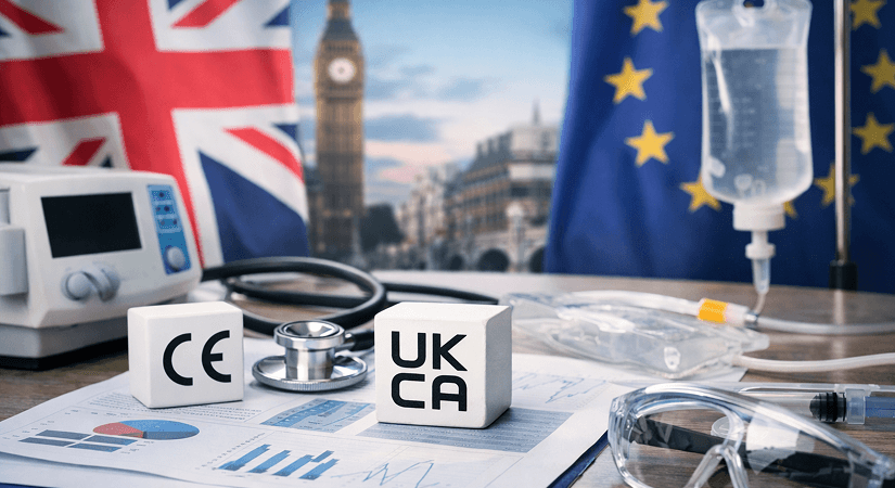 UKCA vs CE Marking for Medical Devices in Great Britain CE and UKCA marking cubes with medical devices, UK and EU flags in background