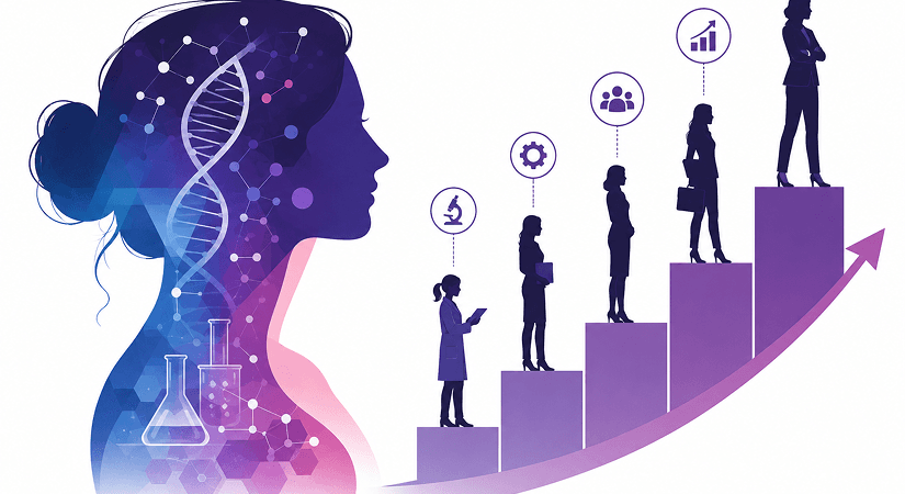 Women in Biopharma Leadership Silhouette of a woman with scientific elements alongside a staircase showing women advancing.