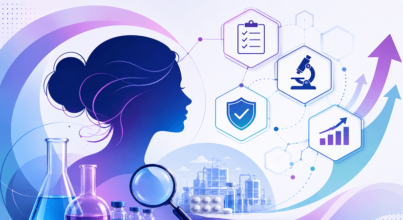 Women in Pharma QC Cover Vector silhouette of a woman scientist surrounded by laboratory flasks, a magnifying glass, and technical quality checklist icons.