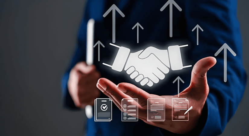 Medical Device Design And Development Plan | Compliance And Documentation Businessman holding glowing handshake with document icons representing medical device design compliance