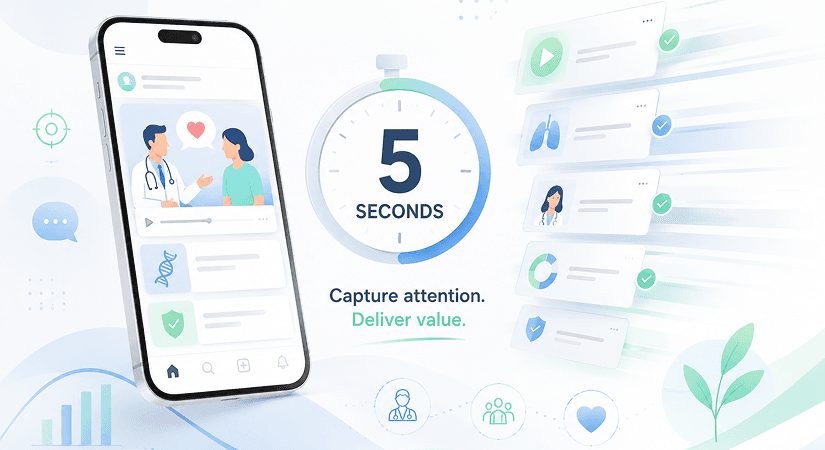 Pharma Five Second Challenge Smartphone displaying a doctor video, 5-second timer, and checklist cards.
