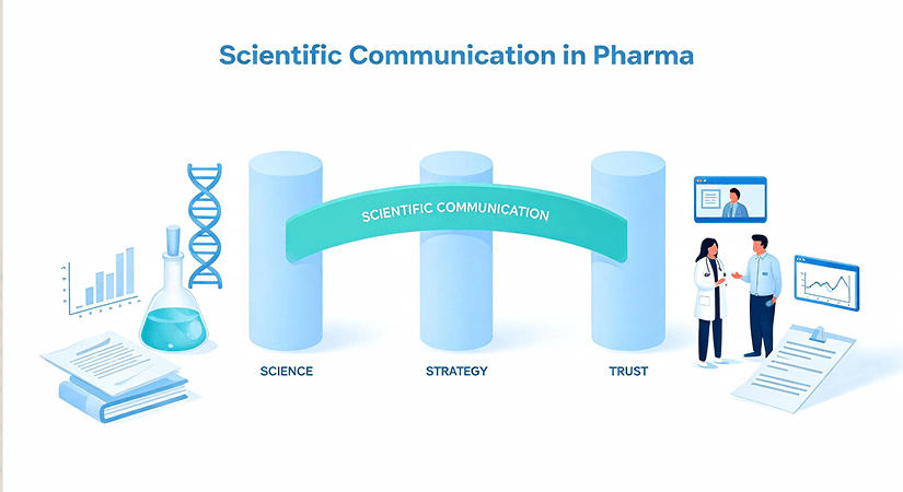 Scientific Communication Pillars A light blue graphic showing scientific communication bridging three distinct pillars labeled science, strategy, and trust.