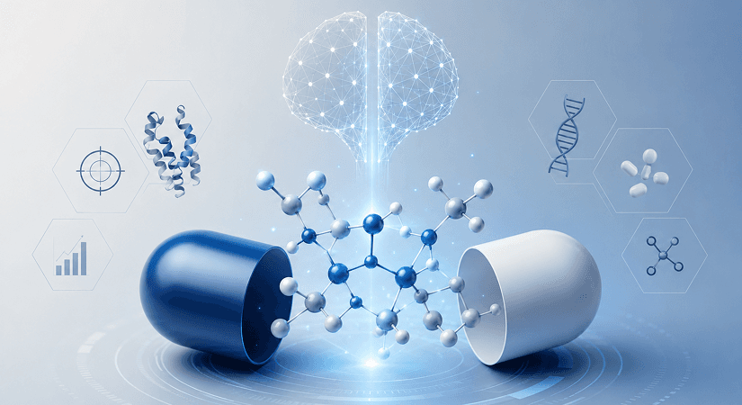 AI Small Molecule Discovery An open pill capsule with a glowing molecular structure and digital brain, representing AI in drug discovery.